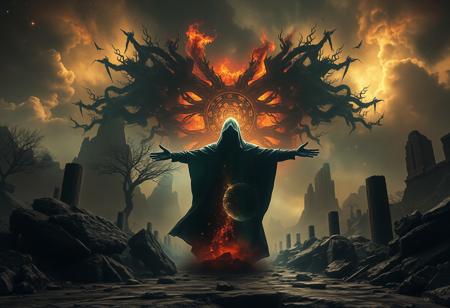 A universe inside a dark cloaked figure within mysterious landscape in an unfathomable realm of fantastic creation inhabited by ancient shadows of a forgotten time beyond the gate of the gateless gate where life is limitless, light is shadow and shadow is light, eerie sense, horror, spark of the beginning, existence and nonexistence at once, ethereal, outstretched arms, behold the end of the beginning, inglorious glory to the dark one, betrayal of the ancient order, beware the 7headed beast, destroyer of the old ways, bearer of the unbearable, nightmarish, archaic runes, tree aging backwards, breath of the gods, ruins of a place unimagined, extreme intricate detail, photorealistic, beyond epic scene, fate discarded, unseeable face of god, the end is the beginning, the beginning is the end, man arises as god dies, as above so below, as below so above, emerald tablet, thoth, guardian and saboteur of existence, hopeless hope, ghosts of the unborn, conception of the inconceivable, cosmic well of imperceptible perception, evil aura, infinite emptiness, pillars of void, overwhelming subtlety, abstract sacred geometry, beams of readiness without intention, gift of doom, despair of the ages, hidden secret warnings from dead gods, hand carved by the conductor of unholy loneliness with the sands of time incarnate, farewell her majesty of the least high