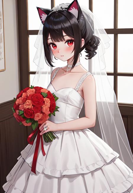 black hair, red eyes, short hair, short twintails, expressionless, cat ears, small breasts, wedding dress, bridal veil, holding bouquet, highres, absurdres, ultra detailed, intricate detail, extremely detailed, high quality, best quality, masterpiece