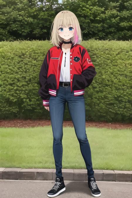 masterpiece, best quality, ultra-detailed, ray tracing, perfect lighting, (shiny skin:1.2),<lora:Kawai_rika:1> Kawaii_R ,1girl,solo, blue eyes, blonde hair, multicolored hair, streaked hair, black shirt, red  jacket, letterman jacket, open jacket,choker, shoes, pants, belt, denim, jeans, black footwear, black belt, smile, outdoors,