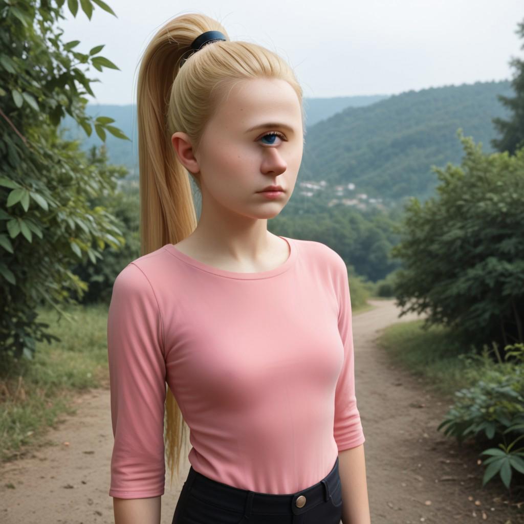 score_9_up, score_8_up, BREAK, (very long pointy nose):1.8, (pointy nose):1.5, 1girl, solo, blonde hair, high ponytail, blue eyes, pink shirt, black pants, cowboy shot,  <lora:PointyNose_PXL_Leaf1:1.2>, outdoors, highly detailed, realistic, ultrarealistic, photography, cyclopsgirl, thinmonobrow, absurdres