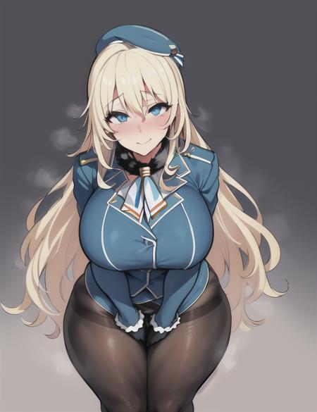 cowboy shot, illustration, masterpiece, focussing girl, best quality, (upper thigh, 1girl, solo:1.2), \<(atago_\(kancolle\):1.3), (long hair:1.2|sidelocks:1.2|culry sidelocks:1.2|blonde hair:1.2), culry hair, (hair between eyes:1.1|crossed bangs:1.1),  (curvy:1.6),  (blue eyes:1.1), {large breasts, pointy_breasts:1.2), (blonde hair:1.5), bangs, blue beret, military uniform:1.5, blue jacket, showgirl skirt, pantyhose, hair between eyes, 1girl, toned, (curvy), bangs, steam,  ultra-detailed,shine, finely detail, painting, sketch,  wet skin,  (wide hips:1.3), (thick thighs:1.3), toned,steam, wet, steamy body, Toned, Sketch, younger face,  blushing, fur ascot, wet skin, soaked, thigh_gap, oily skin, glossy, Toned, shiny skin, licking lips, light smile, Sketch, sharp eyelashes, /, <lora:asanagiStyleLora_asanagiStyleV2:0.15>,  <lora:meme50Style_10:0.1>, <lora:loraMaruConceptStyle_v10:0.2>, <lora:lastOriginStyleLora_v20:0.1>, <lora:krekkovStyleLORA_10:0.1>, (last origin), <lora:mogudanStyleLora_v10:0.1>, pan-pa-ka-paaan!,  <lora:atago:0.35>