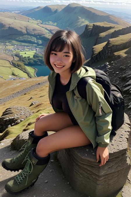 ((raw photo)),
Evie 22 years old, beautiful face, fashion model face, flashing big perfectly shaped boobs, hiking jacket, black tee, cargo pants, ((walking boots)), blonde hair, messy bob cut, bangs, green eyes, close up, tanned skin, full body shot, shy smile, sitting on rock high on mount Snowdon.