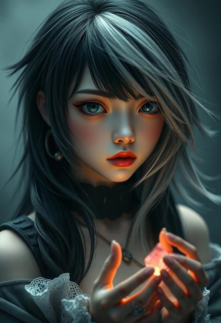 Dusky-somber, nightmare woman with black-and-platinum hair, adventure heroine in a cute style, holding a small, softly glowing wish-ruby, high-realism and detail, pastel-toned, cinematic and dramatic, lifelike, photogenic, wide-angle perspective, sharp focus on the character, motion-blur in background, shimmer in asymmetrical hair
