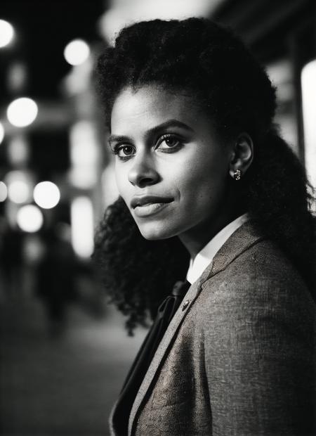 candid RAW close up portrait photo of sks woman in a (purple colored suit:1.0) on a dark street with shopping windows (at night:1.2), bokeh, Ilford Delta 3200 film, dof, high definition, detailed, intricate, flashlight, <lora:locon_zaziebeets_v1_from_v1_64_32:1>