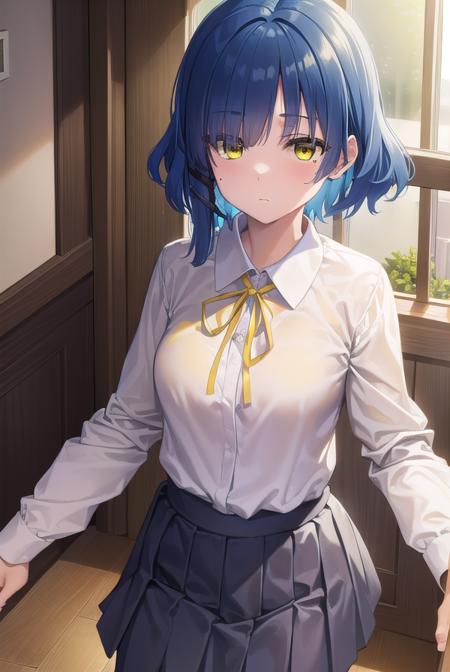 ryouyamada, <lyco:ryouyamada-lyco-nochekaiser:1>, 
ryou yamada, blue hair, eyes visible through hair, mole, mole under eye, short hair, (yellow eyes:1.5), hairclips,
BREAK black pantyhose, black ribbon, blue skirt, brown footwear, loafers, long sleeves, pantyhose, ribbon, school uniform, shimokitazawa high school uniform, shirt, shoes, skirt, white shirt,
BREAK indoors, classroom,
BREAK looking at viewer, (cowboy shot:1.5),
BREAK <lyco:GoodHands-beta2:1>, (masterpiece:1.2), best quality, high resolution, unity 8k wallpaper, (illustration:0.8), (beautiful detailed eyes:1.6), extremely detailed face, perfect lighting, extremely detailed CG, (perfect hands, perfect anatomy),