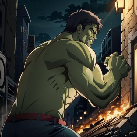 hulk, facing off against a superpowered villain, fists raised, grim determination, streets, night, crumbling buildings, intricate details, masterpiece, absurdres, best quality <lora:hulk-000020:0.7>