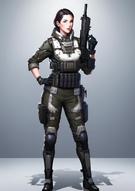 masterpiece, best quality, detailed lips, detailed face, detailed skin, 1girl, <lyco:gunsLoHatry3-000025:0.7>, standing, hand on hip, assault rifle, bullpup, rifle in one hand, gun pointing up