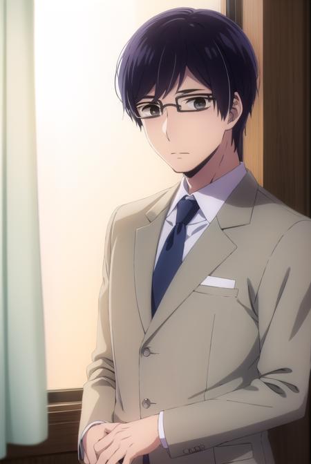 narumikanai, <lora:narumi kanai s1-lora-nochekaiser:1>,
narumi kanai, black hair, male focus, glasses, (black eyes:1.5),
BREAK necktie, formal, suit,
BREAK indoors, classroom,
BREAK looking at viewer, (cowboy shot:1.5),
BREAK <lyco:GoodHands-beta2:1>, (masterpiece:1.2), best quality, high resolution, unity 8k wallpaper, (illustration:0.8), (beautiful detailed eyes:1.6), extremely detailed face, perfect lighting, extremely detailed CG, (perfect hands, perfect anatomy),