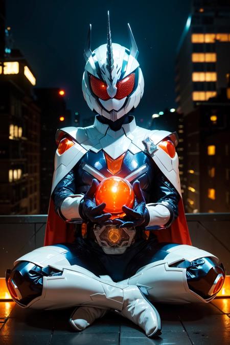 majade, solo, 1girl, mature female, perfect female body, narrow waist,wide hip,gloves, female focus, bodysuit, helmet, glowing eyes, orange eyes,boots, cape,tokusatsu, kamen rider,rider belt,alchemisdriver, horns, armor, unicorn,white ring,pelvic curtain,full body shot,cape,sitting, floating,casting magic,telekinesis, ((floating objects)),arm raised, outstretched arms, on rooftop,city background, hdr,bokeh,depth of field,night,   <lora:majade:0.7>