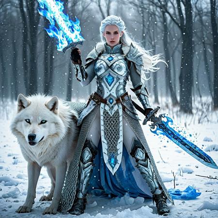 An extremely beautiful ice queen in a an intricate icy chain mail armor, holding a flaming blue plasma sword in a combat ready pose. In a cold frozen landscape with snow falling and a large white wolf at her side.