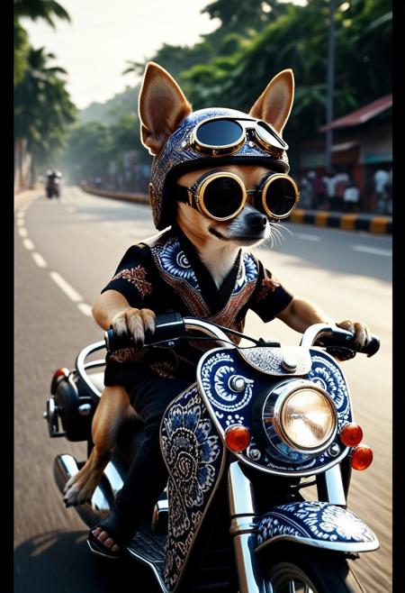 (Made of Indonesian Batik:1.3), from side, closeup cute small motorcycle Made of Indonesian Batik, chihuahua driving, (wear round goggles:1.2), wear animal ears helmet, run through on city road, Dust, cinematic, cinematic lighting, (masterpiece, best quality:1.4), ultra-high res, 4k, Photorealistic, insanely detailed, sfw,