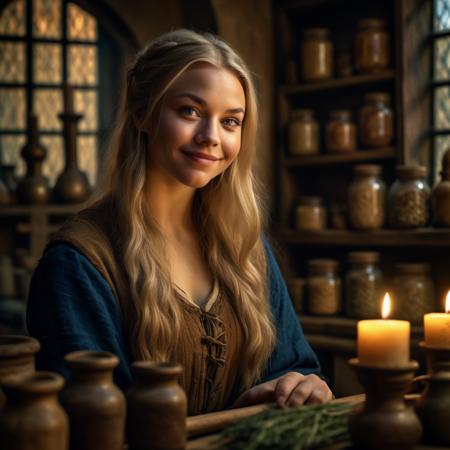 highly detailed documentary photo of herbalist,

1girl, solo, long hair, looking at viewer, smile, blue eyes, blonde hair, indoors, blurry, lips, window, depth of field, realistic

medieval shop,

masterpiece, best quality:1.1, 

ultra photoreal,
photorealistic:1.0, 
sharp focus:1.1, 
depth of field:1.1, 
god rays:1.4,

50mm, style of Nathan Wirth, Hasselblad X1D II, Porta 160,
