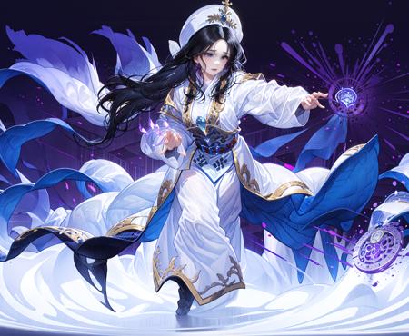 shiny skin best quality, masterpiece, white Nhat Binh,  (white headwear), 
(white background:1.5), (full body:1.4), 1girl, solo, long hair, ((black hair:1.5)), looking at viewer, full body, multicolored eyes,((red bowhair)), blue eyes, loose sleeves, long sleeves, wide sleeve, (white clothes: 1.2)
casting magic, energy,  (water wave:1.2), (out door, night sky)
beautiful detailed eyes, (1girl:1.3), magician, enchanting spell, high-angle view, magical forest, otherworldly beauty, casting pose, invocation effects, soft and ethereal light, fantastical atmosphere, mystical creatures, empowering allies, enhancing abilities, elemental magic, swirling energy, pulsating aura, determination, support, vibrant colors, glowing runes, levitating, swirling leaves, teamwork, magical bonds, protective shield, guiding light, shimmering particles, enchanted surroundings, harmony with nature, hope, wisdom, ancient secrets, celestial beings, arcane knowledge, mystic symbols, spellcasting, elemental forces,, battle pose
detailed face, (attack action:1.6), (intricate details), (ultra high res), (water magic)
 <lora:Nhat_Binh-000008:0.6>
 <lora:Attacking Concept-18:0.8> 
<lora:GachaSplash4:0.8>, masterpiece,ultra realistic,32k,extremely detailed CG unity 8k wallpaper, best quality