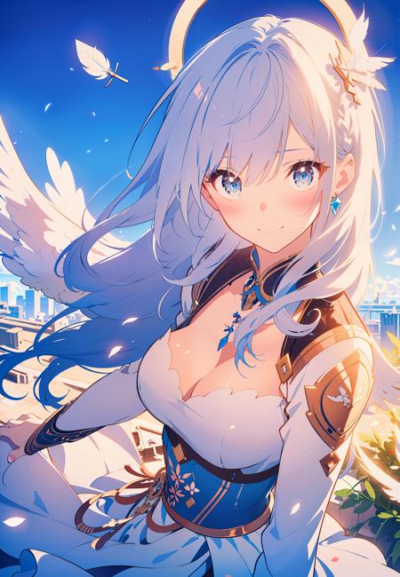 masterpiece,high resolution illustration,best quality,(colorful),(finely detailed beautiful eyes and detailed face),cinematic lighting,bust shot,extremely detailed CG unity 8k wallpaper,white hair,1 girl,solo,smile,beautiful detailed sky,intricate skirt,((flying feather)),((angle wings)),halo