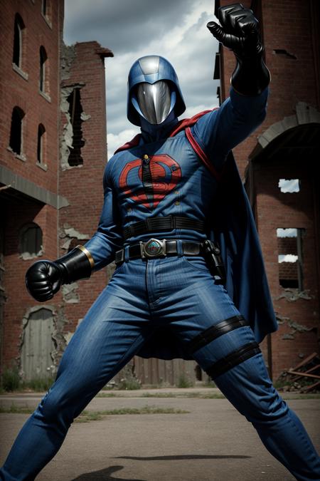 (RAW photo:1.2),(masterpiece:1.4),(photorealistic:1.4),(best quality:1.4),
<lora:GI Joe-Cobra:1>,gijoe-cc,1man,solo,male focus,cape,gloves,superhero,belt,black gloves,blue helmet,red cape,holding,bodysuit,mask,blue bodysuit,Outdoor,(City Ruins:1.5),(fighting pose:1.5),Cotton Fabric,cotton clothing,Daytime,Noon,