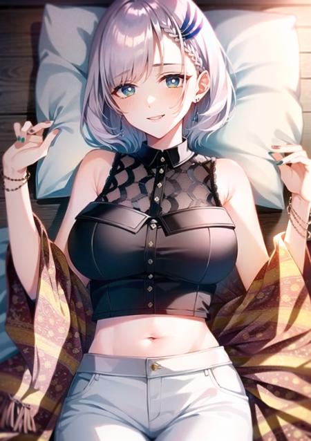 unparalleled masterpiece, 4k, (best quality:1.4), (highly detailed:1.4), detailed shadows, reine-second-outfit, black sleeveless shirt, white pants,midriff, bare shoulders, bracelet, reine-short-hair, short hair, braided bangs, feather hair ornament, white pupils, earrings, <lora:Pavolia Reine v2:1>, lying on bed, pillow, relaxed, smile, shawl,