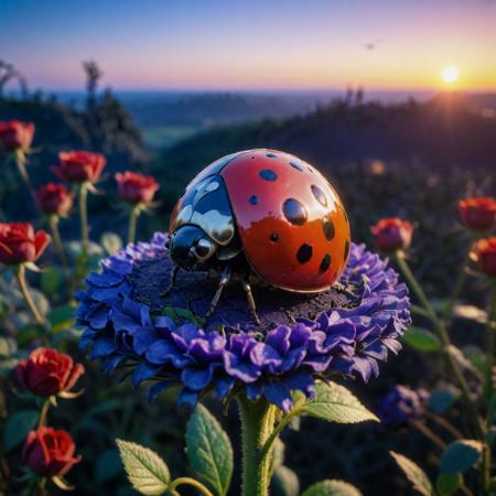 anime key visual, fairy tale, wide angle of a (Ladybird:1.3) , the Ladybird is very Bridal and Overwrought, from inside of a Crude Jungle, desolate nature with Roses, at Sunset, horizon-centered, Cosy, Still Life, key light, telephoto lens, Vivid Colors, dark indigo paint splotches, magnificent, Highres, adobe lightroom