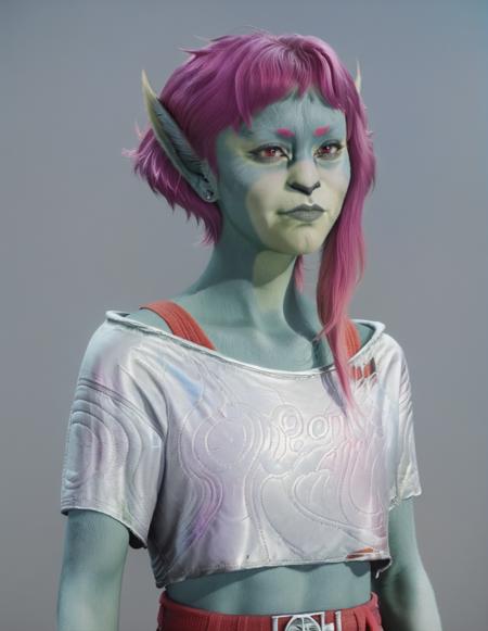 itz, green skin, pointy ears, pink hair, furry skin