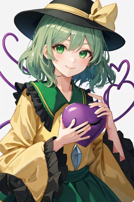 best quality, masterpiece, highres, solo, {komeiji_koishi_touhou:1.15}, third_eye, hat, green_eyes, black_headwear, short_hair, green_hair, ribbon, smile, bow, upper_body, heart, bangs, hat_ribbon, hat_bow, hair_between_eyes