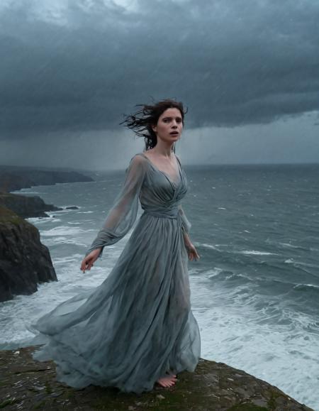 Valeria, a woman of ethereal beauty, stands poised on the windswept cliff overlooking the stormy Irish sea, her gossamer gown fluttering like sails in the wind, her eyes filled with an enigmatic sadness that belies her delicate grace. The rain falls in torrents, soaking the earth below, yet she remains steadfast, her hands clenched at her sides, as if holding on to something unseen; the wind, the sea, the ghosts of a thousand lost souls. Her raven hair whips wildly around her face, yet she remains unmoved, lost in her own thoughts, as if the storm raging around her is merely a reflection of the tempest within. The gossamer gown clings to her like a second skin, billowing and fluttering as the wind howls around her, making her seem almost translucent against the backdrop of the turbulent sky. The lighting is soft and muted, casting an otherworldly glow upon her pale skin, making her seem almost ethereal, like a wraith from the land of the dead. Behind her, the sea roars and crashes against the cliffside, its waves illuminated by the occasional flash of lightning, creating a stark contrast to the stillness of her form. The emotional tone of the image is one of melancholy and longing, tinged with a hint of defiance; a woman standing alone against the world, her spirit unbroken despite the pain that threatens to consume her. It is a powerful and evocative image, a snapshot of a moment frozen in time, a testament to the resilience of the human spirit and the beauty that can be found even in the darkest of times. <lora:hzpgll18fde6db400i5d:1>