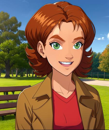 Irma,brown hair,solo,short hair,green eyes,
red shirt,jacket,jeans,
happy,smile,park,
standing,upper body,
outside,stars,bench,
(insanely detailed, beautiful detailed face, masterpiece, best quality),<lora:IrmaLair-10W2:0.8>,