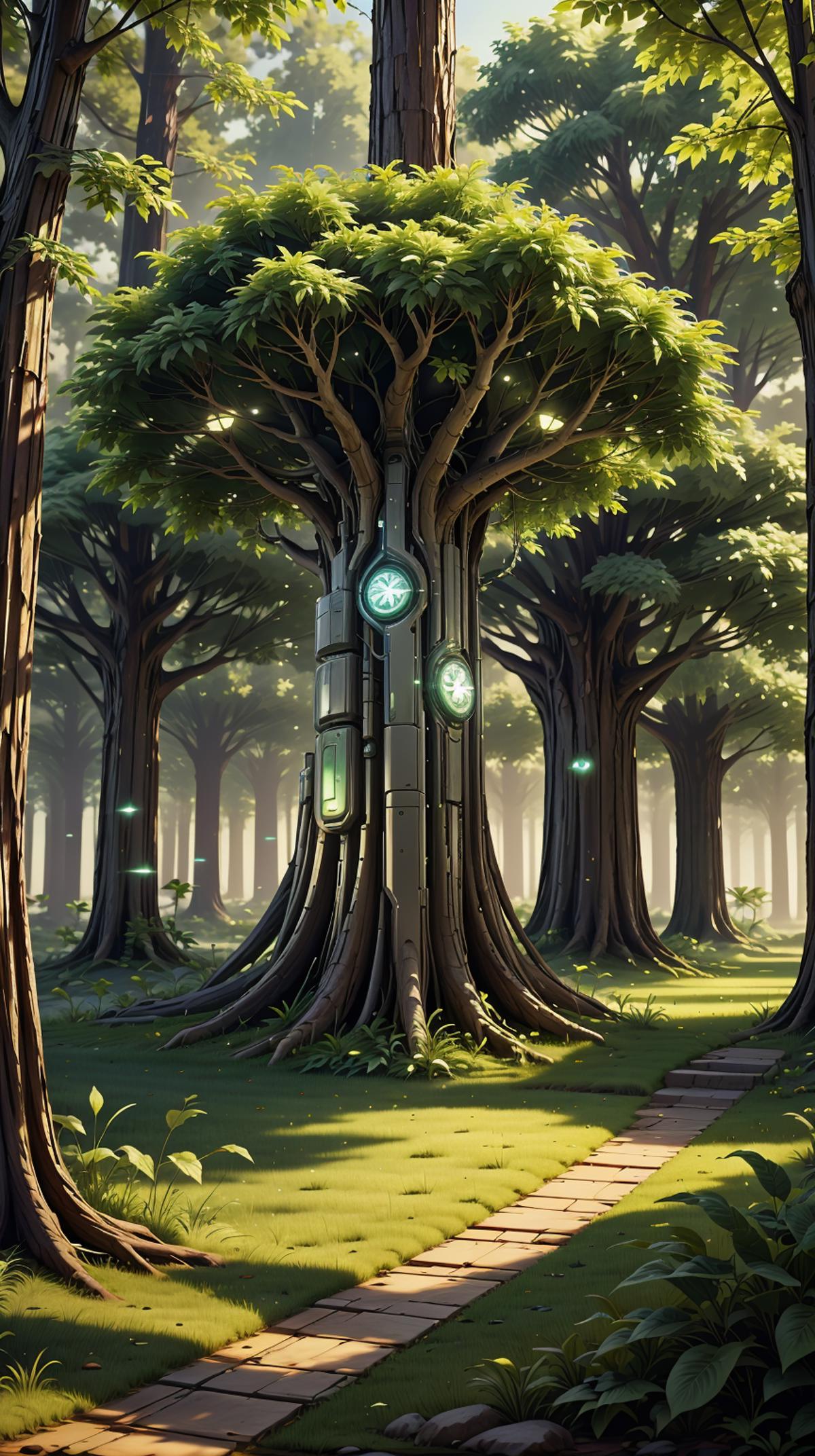 A computer-generated image of a tree with several lights on it and a clock.