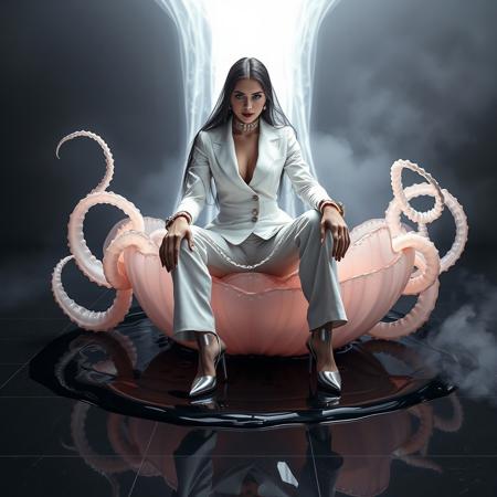 A regal, enigmatic Norwegian woman with porcelain skin, dressed in a tailored white satin trouser suit, adorned with elegant silver high heels, and veiled in a thin, mysterious black mesh, sits provocatively with knees spread apart on a colossal, inverted transparent jellyfish, its slimy, translucent body glowing with an ethereal light, surrounded by coiled, bioluminescent tentacles that seem to bind and protect her, as she's encased in a powerful, pulsating light beam emanating from above, with a massive, high-tech steel collar and delicate, yet imposing handcuffs clinging to her slender wrists, her face aglow with an unapologetic, wicked grin, her piercing emerald green eyes gleaming with malevolence, contrasting with the sleek, dark, polished black stone floor beneath, a shiny, obsidian slime pool swirling nearby, exhaling wispy veils of fog that cling to the air, her feminine, long, dark locks cascading down her back like a waterfall of night, slick with styling products, and painted with bold, daring strokes of makeup, including a deep, blood-red lip, against the eerie, luminous backdrop of the Earth and Moon suspended in the darkness, in the style of Simon Stalenhag's atmospheric, retro-sci-fi and Zdzisław Beksiński's dark, surreal visions, infused with the hyper-realistic, cinematic essence of Ash Thorp's futuristic, high-tech aesthetic.