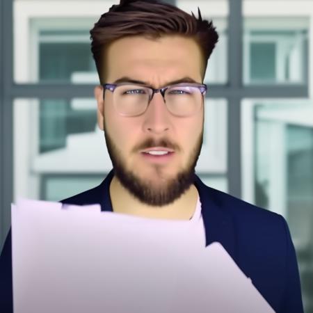 1boy, male_focus, Pitch Meeting, a man  holding a piece of paper in his hand and a folder in his other hand, in front of a window, cinematic lighting, rim lighting, PitchMeetGeorge