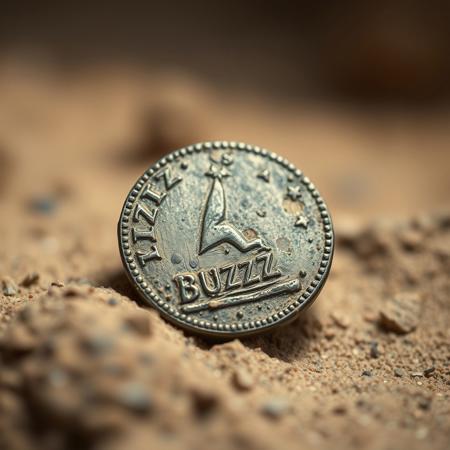 Closeup of a Archeological find in desert, a ancient detoriated coin with lightning bolt symbol and text in ancient font saying BUZZ, realistic, masterpiece, dramatic light, depth of field