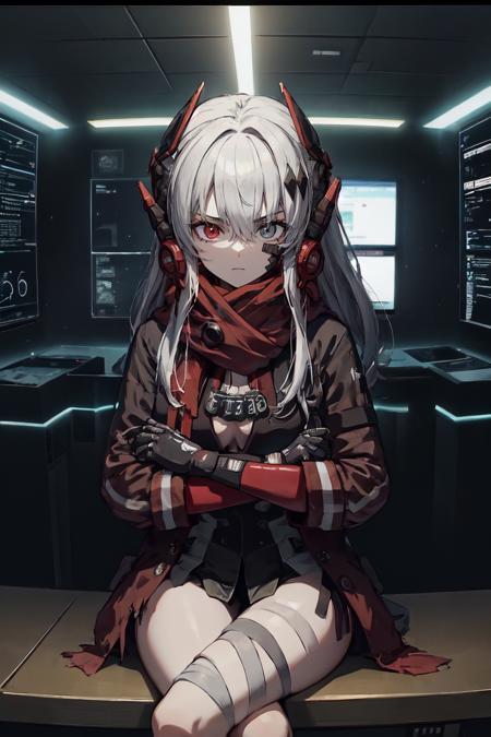 white hair, long hair, headgear, hair ornament, facial mark, heterochromia, red eyes, grey eyes, red scarf, mechanical arms, red jacket, center opening, black dress, dog tags, (red pouch:1.3), open jacket, torn clothes, tail coat
BREAK (bandaged leg:1.2)
BREAK mature female, space, outer space, space station, cafe, crossed arms, katana
BREAK (heads-up display, holographic panels:1.5), (game screenshot:1.1), metal walls, (cockpit:1.1), computers, circuits, subsurface scattering, focused, soft lighting, scolding, volumetric lighting
BREAK sitting, (crossed legs:1.1)
<lora:alpha-21:1>