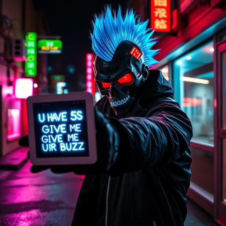 Cyberpunk criminal with glowing blue glass fiber mohawk and black skull mask, glowing red eyes, black leather coat, in cyberpunk street alley, aiming gun at viewer showing futuristic ipad with neon text on it "U HAVE 5S TO GIVE ME UR BUZZ", neon lights, night, wet asphalt