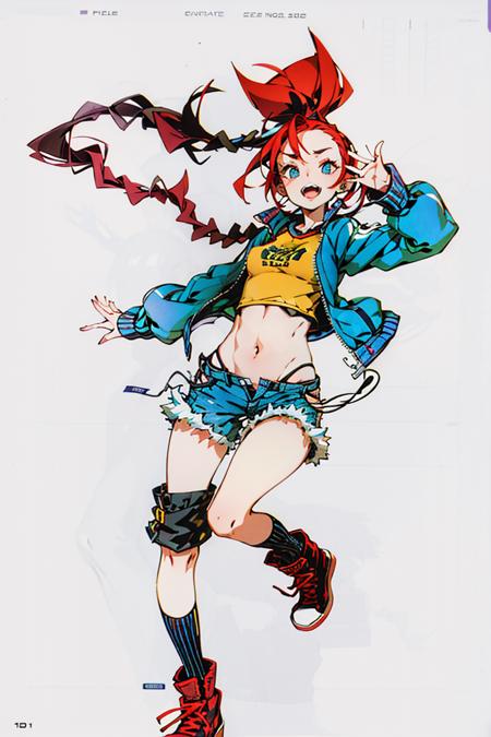 masterpiece,best quality,official art,extremely detailed CG unity 8k wallpaper,((white background)), 
1girl, blue_shorts, braid, denim, denim_shorts, jacket, letterboxed, midriff, navel, open_mouth, red_hair, shoes, shorts, sneakers, socks, solo, twin_braids