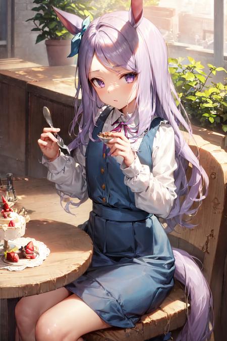 masterpiece, best quality,
mejiro mcqueen \(umamusume\),
sitting, on chair, dessert on table, holding spoon,
neck ribbon, pinafore dress, sleeveless dress, blue dress, white shirt, long sleeves,
<lora:mejiro_mcqueen_locon:0.6>