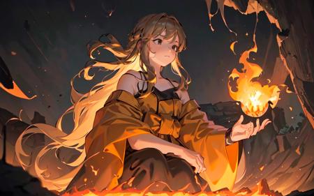 (best quality, masterpiece), (1girl, solo,brown robe, expression face, looking away, sitting, wide sleeves, black eyes, closed mouth, long hair, cowboy shot), (night sky at cave entrance , light rising from the bottom, inside Cave, floating glowing bunch of yellow particles, burning fire at hand, floating many small fires),