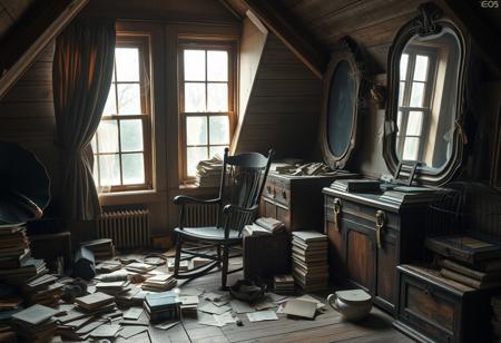 Captured with a Canon EOS R5, the scene features soft ambient light diffused through dusty attic windows. An old rocking chair sits among scattered relics—faded postcards, crumpled letters, and stacks of forgotten books.
A torn velvet curtain sways with the breeze, filtering light into the space. The air is thick with the scent of aged wood and musty paper. A phonograph stands in the corner, its needle poised above an untouched record, waiting to play a tune from another time. A chipped porcelain teacup sits abandoned on a nearby table, beside a dried-out fountain pen. A wooden trunk, its brass hinges tarnished with time, sits ajar, revealing delicate lace dresses and forgotten love letters tied together with frayed ribbon. Cobwebs cling to the corners of an antique mirror, distorting reflections like ghostly echoes of the past. The floor creaks underfoot, as if whispering forgotten names, while an empty birdcage, its door ajar, hints at something once treasured but now lost to time.
