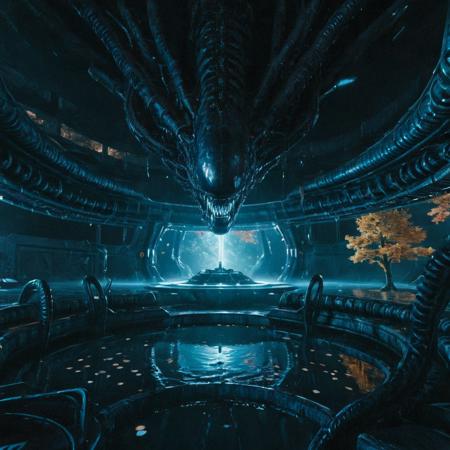 Xenomorph1024, Giger style spaceship interior, shiny, clean, futuristic, 
sakura tree in the center of the big water pool, falling leaves, an alien staying in the bottom swimming pool,
flashlight beam,
scenery, autumn, colorful, night, moody,
extremely detailed, photo, realistic, Cinematic Shot, Cinematic Lighting, cinematic,