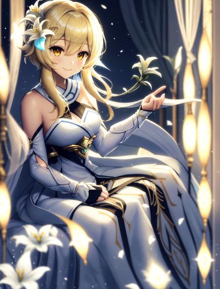 1girl,  <lora:Lumine LoRA v2:0.65>, solo, forest, Highres, a detailed painting, particle of light, soft lighting, bangs, bare_shoulders, blonde_hair, breasts, closed_mouth, curtains, detached_sleeves, dress, flower, hair_between_eyes, hair_flower, hair_ornament, lily_\(flower\), flower hair only on the right side, long_hair, looking_at_viewer, lumine_\(genshin_impact\), medium_breasts, sitting, smile, solo, white_dress, white_flower, white_legwear, yellow_eyes