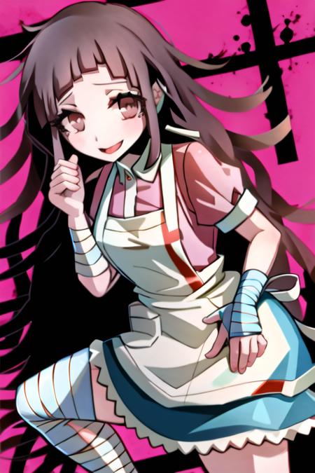 <lora:MikanDG:1>, 1girl, solo, messy hair, bandaged leg, official style, smile, bandaged arm, brown eyes, apron, shirt, short sleeves, puffy sleeves, pink shirt,   <lora:HakikaStyle:1>, HakikaStyle,