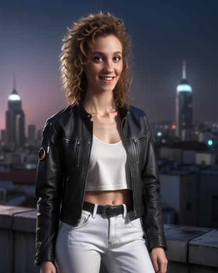 (JudithHoagTMNTApril:1.1), a high resolution RAW photo of a young beautiful JudithHoagTMNTApril woman with long curly red hair, cyberpunk hairstyle, wearing a cyberpunk style black leather jacket and white shirt and denim jeans, sexy standing pose, on a futuristic cyberpunk city rooftop at night, cyberpunk city with neon lights and futuristic buildings, smiling and looking at the viewer, (thin torso, slender, flat chest, smallest breasts, slender build), sexy portrait, photorealism, photorealistic, <lora:JudithHoag_90s_TMNT_April_ONeil_SDXL:1>