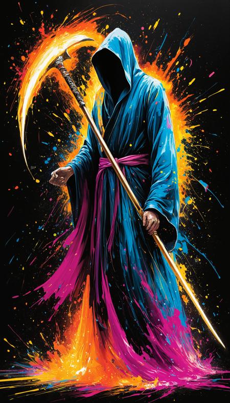 rating_safe, breathtaking detailed, masterpiece, absurdres, awe-inspiring, best quality, vibrant colors, expressionist figure in flowing, tattered robes, BREAK, a faceless silhouette holding a glowing scythe, BREAK, the scythe blade curves in an arc of shifting colors â (electric blue, orange, magenta), BREAK, radiant energy trails splatter outward like ink explosions, BREAK, [dramatic lighting] creates strong contrast against the dark, neutral background, BREAK, swirling robes dissolve into (chaotic brush strokes), BREAK, [visual fragmentation] around the lower body adds motion and tension, BREAK, splatter effects mimic fire sparks and shimmering ink, BREAK, abstract composition with emphasis on shape and energy, BREAK, overall mood is intense, mysterious, and otherworldly <lora:sdxl_ta86artstyle_exp_ink.safetensors:0.4:0.4>