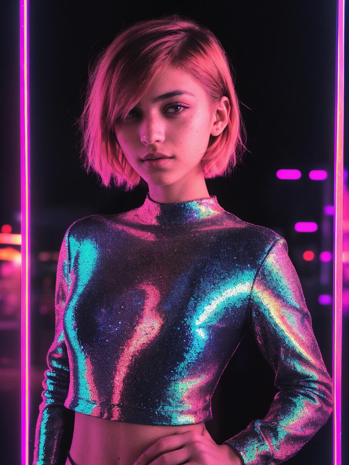 A woman wearing a shiny, metallic dress stands in front of a neon background.