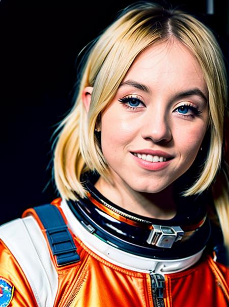 a photo of sydsweeney97 wearing an astronaut suit, smiling, mars background, (high detailed skin:1.2), 8k UHD, DSLR, soft lighting, high quality, film grain, Fujifilm XT3