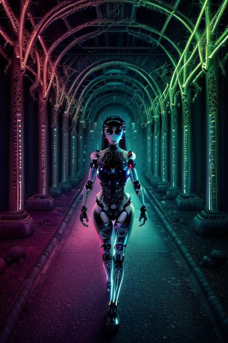 A feminine humanoid AI with sleek features and glowing neon patterns walks through a landscape where nature and technology coexist. Trees with holographic leaves, robotic birds, and flowing rivers of light surround her as she admires the beauty