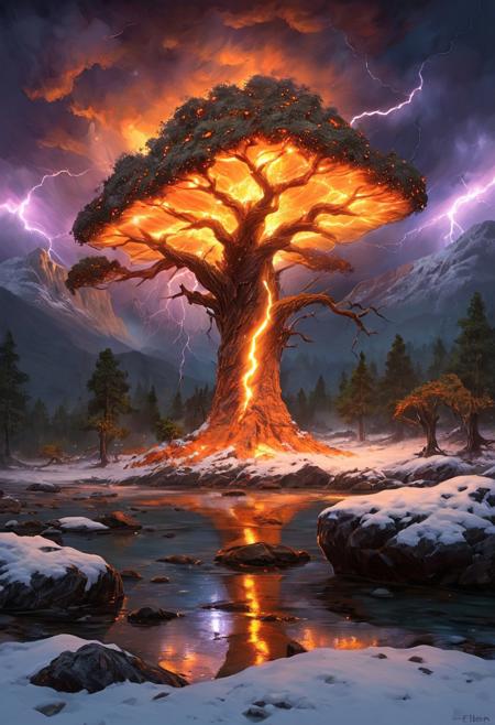 (by Ellen Jewett:1.5), (Fiery orange Bioluminescent Impressionism with lightning, mountain landscape, The Dreamland, Gibson Great  Mountains, rock, sky, giant tree, great grand tree on mountains, great fire, great lightning, scenery, great great magical tree, sunset, sunrise , stream, lightining, snow and ice, ethereal landscapes, depth of field, biotech emotion:1.3) <lora:xl_more_art-full_v1:0.5> <lora:add-detail-xl:1> , ral-wlfnte <lora:RMSDXL_Creative:2>