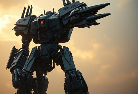 Create a highly detailed and realistic image of a dark grey Decepticon mech, inspired by the art of Eugeen Van Mieghem and Greg Rutkowski, with a focus on intricate greeble details and cinematic lighting. The mech should be 1km tall and posed in a dramatic, epic manner, evoking the style of the 'Master of Puppets' and 'Predator 2'. Incorporate elements of a carneval outfit, but maintain a dark and ominous tone, as if the mech is the 'ultimate gigachad' from the world of 'Overlord'. Ensure the image is rendered in a hyper-realistic 3D style, with a high level of texture detail and adherence to the golden ratio. Output should be a high-quality, 2D image with a cinematic feel.
