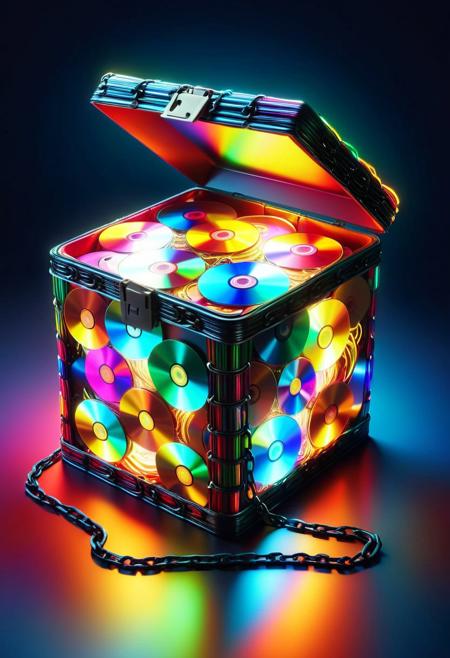 CD Repeat, Masterpiece, best quality, amazing quality, absurd, latest, volumetric lighting, UHD, SFW, vibrant colors, neon, vivid colors, chain made of cd's, wrapped around an old jutebox in a forgotten dinner, exquisite detail, digital art, realistic, highly detail, beautiful, surreal, dramatic, No_Humans,