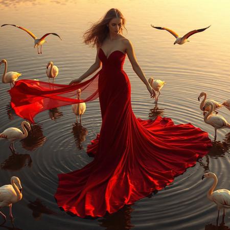 A stunningly beautiful woman standing gracefully in the middle of a serene shallow lake surrounded by elegant flamingos. She wears a flowing, deep red gown with a long, dramatic train that trails into the water, creating ripples around her. Her presence is regal and ethereal, with soft wind catching her gown and hair. The flamingos gently circle her, some in flight, others wading gracefully nearby. The lighting is golden hour, casting warm reflections on the water and highlighting the vibrant contrast between the red dress and the soft pink of the flamingos. Ultra-detailed, cinematic composition, elegant, high-resolution, fashion fantasy, surreal beauty.