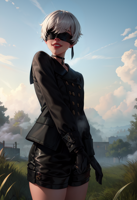 Yorha white hair,black blindfold,short hair,black choker, lips, mole under mouth, 
standing, upper body, smile, 
 black gloves,long sleeves, black shorts, black jacket,buttons, 
deserted school yard, fog, grass, (insanely detailed, beautiful detailed face, masterpiece, best quality)
 <lora:Yorha9s-10v7:0.8>