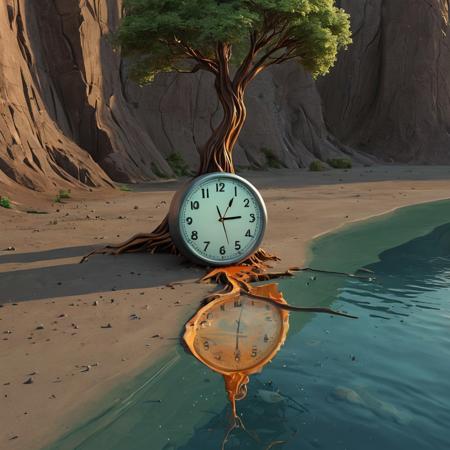 This is a digital painting in a surrealist style. It features an abstract, fluid-like landscape with a large, distorted clock with a melting clockface, puddling into a digital clockface showing the word "BUZZ". A tree with a bare branch extends from the left, casting a shadow. A small, orange object resembling a lightning bolt rests on the ground. The background shows a serene, reflective body of water and a distant cliff. The overall color palette includes earthy browns, blues, and greens, creating a dreamlike, melancholic atmosphere.