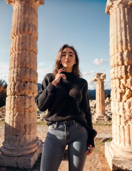 fullbody photo of natalie roush, instagram photo, aesthetic, film grain, (wearing a black sweater:1.2),  standing among greek ruins, pillars, beautiful, blue jeans, cold autumn day, grey rainy,<lora:Natalie_Roush:0.86>, beautiful brunette,